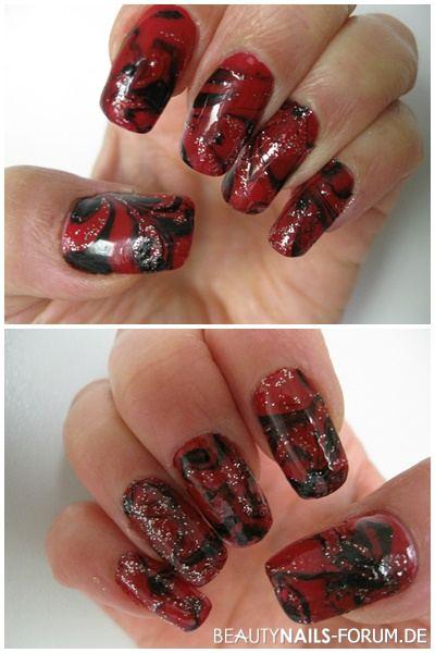 Marmoriert in rot und schwarz Nageldesign rot schwarz - NNV mit Gel, roter und schwarzer Nagellack sowie Klarlack mit Nailart