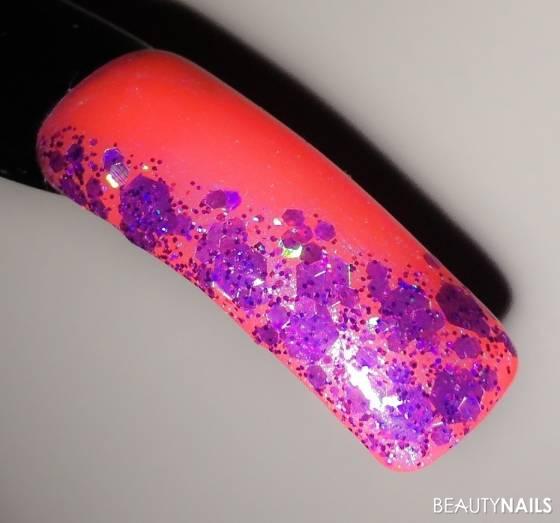 Sommer-Design Farbgel Neon Coral Nageldesign - Übungstip mit Jolifin Glitter Gel - Crystal Purpel Nailart