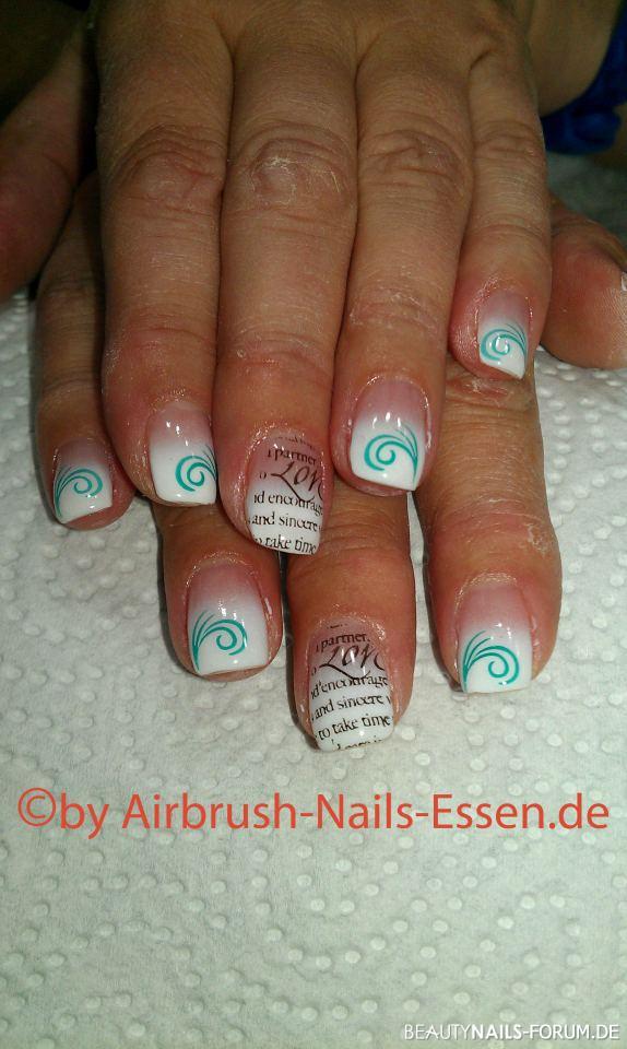 Weiss Airbrush Mint und Stamping Nageldesign -  Nailart