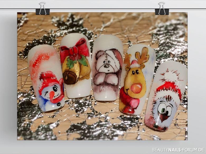 Lustige Weihnachtsmotive - Schneemann, Elch, Teddy Winter & Weihnachten - mustertips mit acrylfarben gemalt/abgemalt. Bin nicht so gut Nailart
