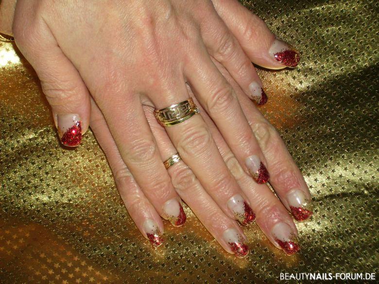 NNV Gel mit Glitzer rot und gold Winter & Weihnachten rot gold - Naturnagelverstärkung mit klarem Gel, Spitzen, mit rot- und Nailart