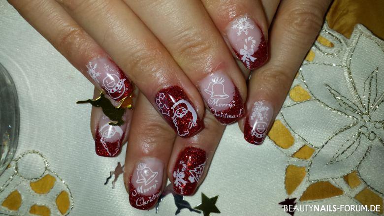 Rotes Glitzerfrench mit weihnachtlichen Stampingmotiven Winter & Weihnachten rot - rotes French mit roten Glitter und Stamping Motiven Nailart