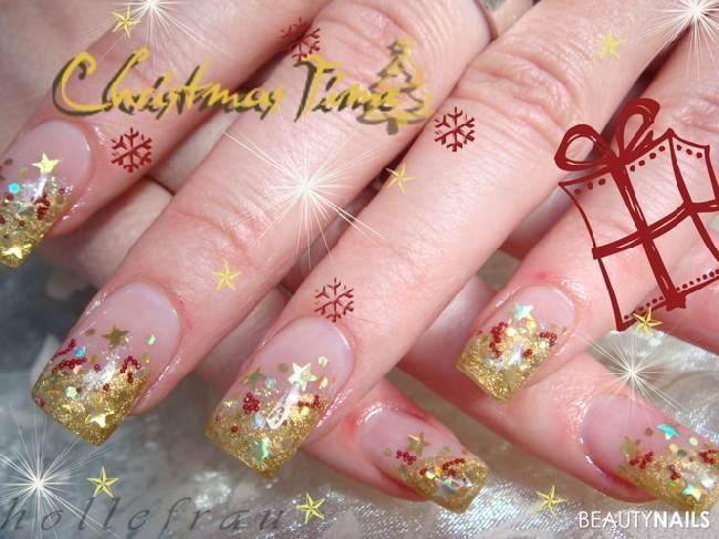 Weihnachten in rot/gold - 001 Winter & Weihnachten - gold mit Hologrammsternen und -pailletten, rote Microperlen Nailart