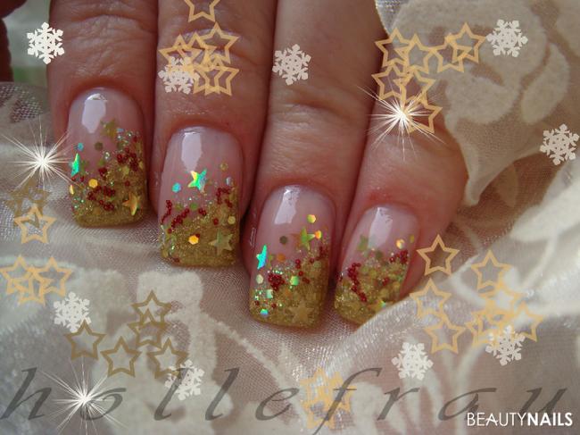 Weihnachten in rot/gold - 002 Winter & Weihnachten - gold mit Hologrammsternen und -pailletten, rote Microperlen Nailart