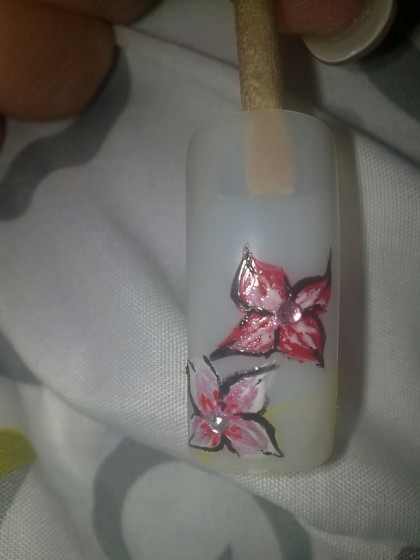 selbstgemalte Blumen (mit nagellack) und in der Mitte jeweils ein passender  Meine ersten Modellagen und Mustertipps in Anfänger Nageldesign