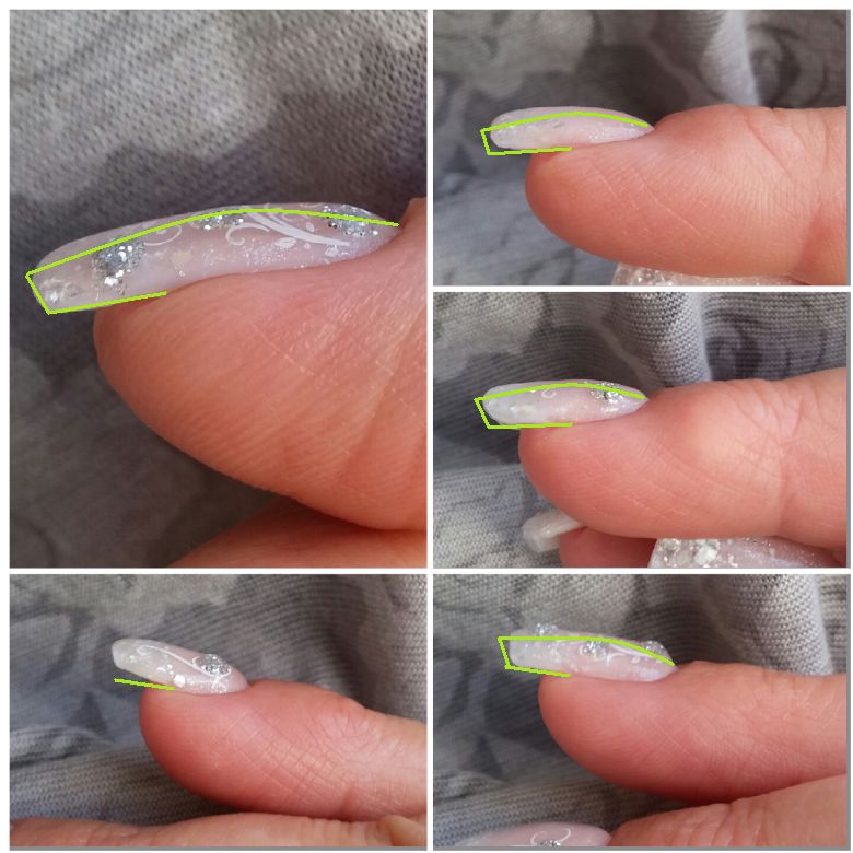 Seitenansicht rechts Gelmodellage Gelnägel, Refill mit viel Glitzer und Stamping in Anfänger Nageldesign