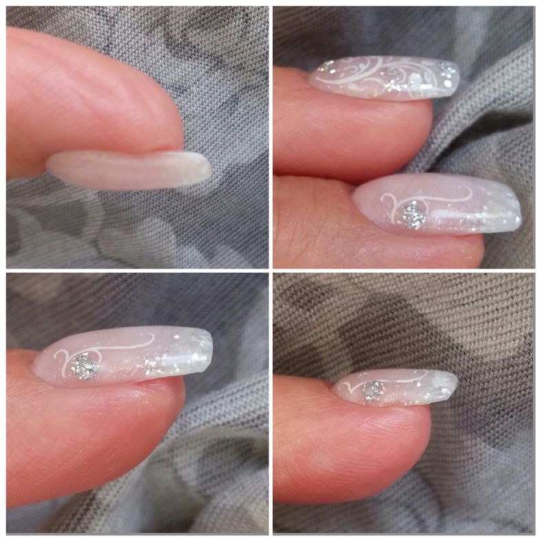 Aufbau links Gelnägel, Refill mit viel Glitzer und Stamping in Anfänger Nageldesign