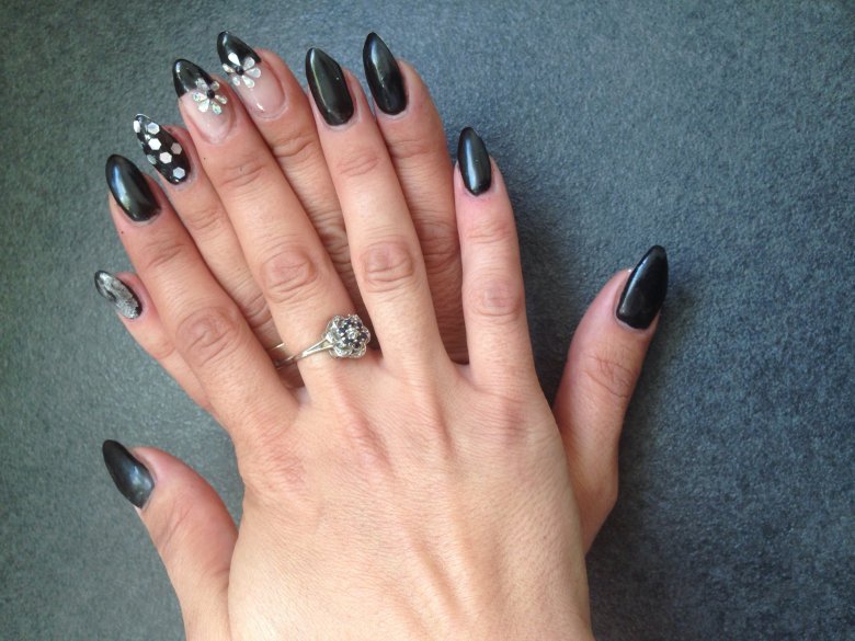 Fullcover Schwarze Nägel mit Glitzer / Gelmodellage - Beurteilung in Anfänger Nageldesign