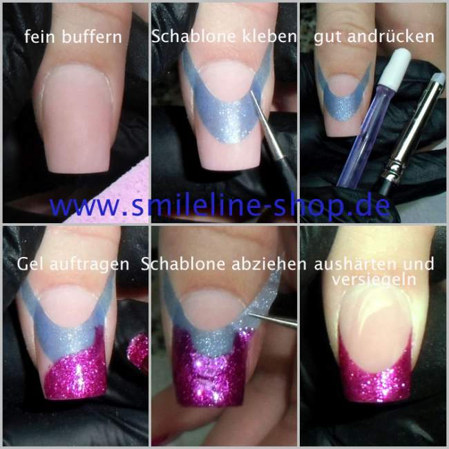 frenchschablonen_smileline-shop Erste Modellagen mit French und Stamping in Anfänger Nageldesign