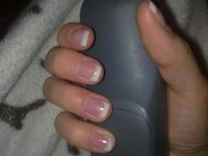 Draufsicht Nach einem Jahr üben - Glitzer French Modellage in Anfänger Nageldesign