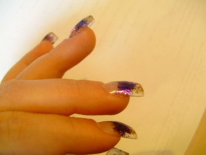  Cleartips  mit lila Glitzer& Fimo in Anfänger Nageldesign