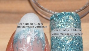 Am Daumen sind die Glitzer am stärksten ausgeblichen :( Glitzer verblassen unter Modellage in Nageldesign