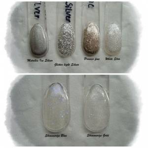 obere Reihe von links nach rechts: metallic ice silver, glitter light silver,  Farbgele Melano Nails in Zubehör